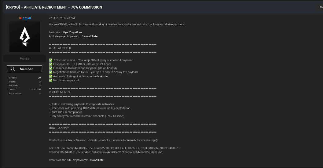 Initial CRPx0 affiliate-program advertisement on spear[.]cx.