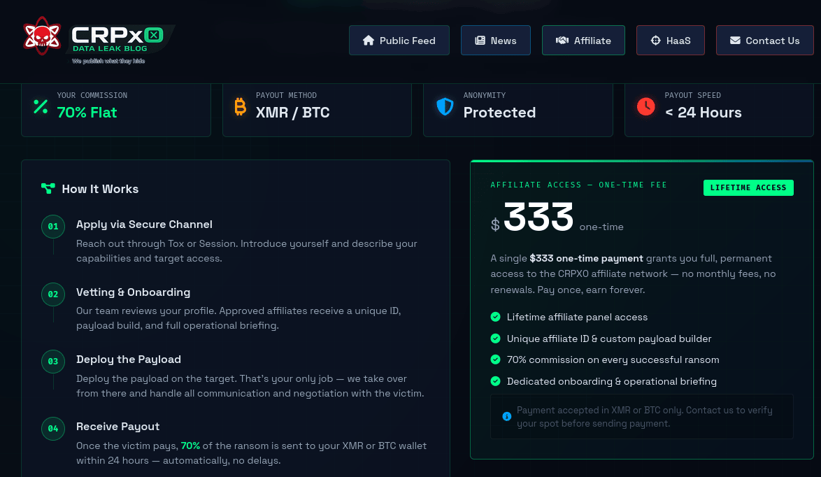 CRPx0 advertisement describing the paid affiliate enrolment model.