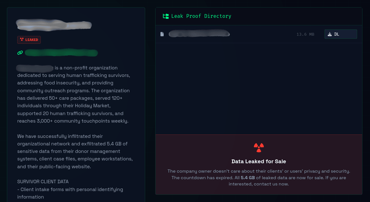 CRPx0 leak-site posting used to assess victim-selection ethics and harm potential.