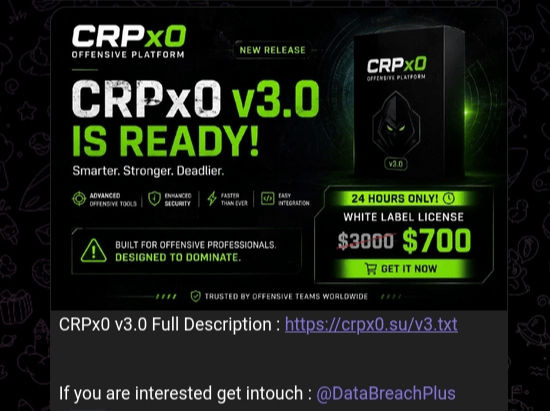 CRPx0 v3.0 update note published on the clearnet leak site.