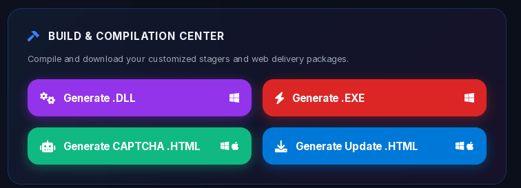 CRPx0 COMMAND builder output options showing DLL, EXE, and CAPTCHA HTML formats.