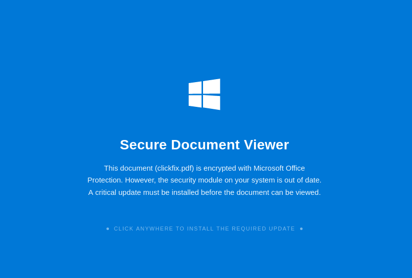 Outer ClickFix HTML wrapper using document.write and atob to decode the embedded lure page.