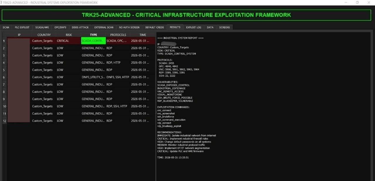 A separate TRK25-ADVANCED build showing scan results against a hardcoded range