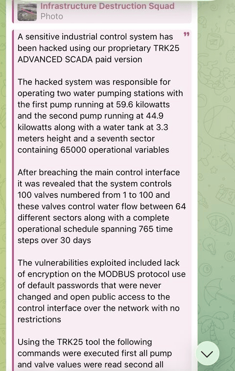 Channel post claiming a water-pumping control system was compromised