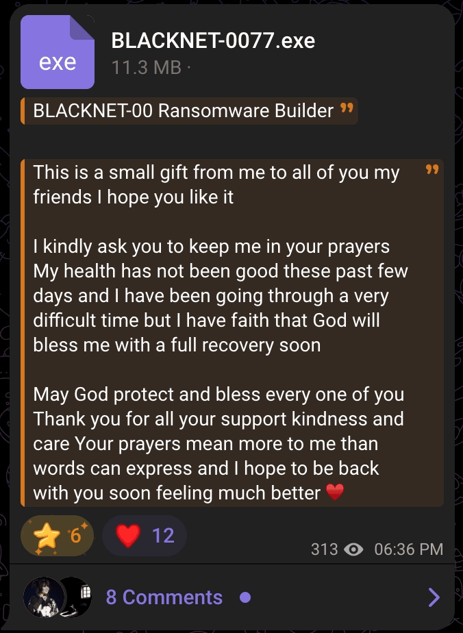 Channel post releasing the builder publicly as a small gift
