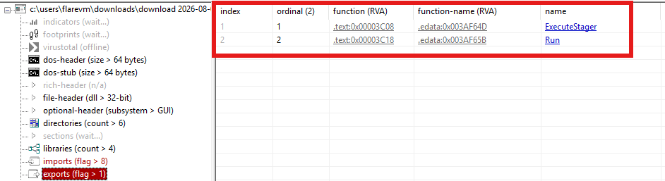 Stage 3 data.dll export table showing ExecuteStager and Run entry points.
