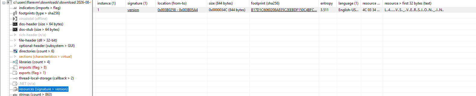 Fake version information in data.dll showing mixed Oracle, Microsoft, and Intel metadata.