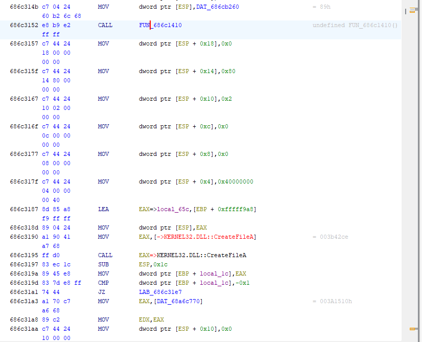 Bootstrap payload write routine showing CreateFileA and WriteFile output of the decoded Python bootstrap.